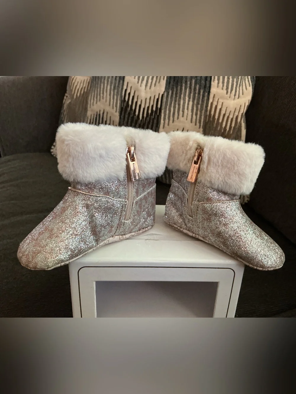 Michael Kors Glitter Baby Booties with Pink Faux Fur Cuff